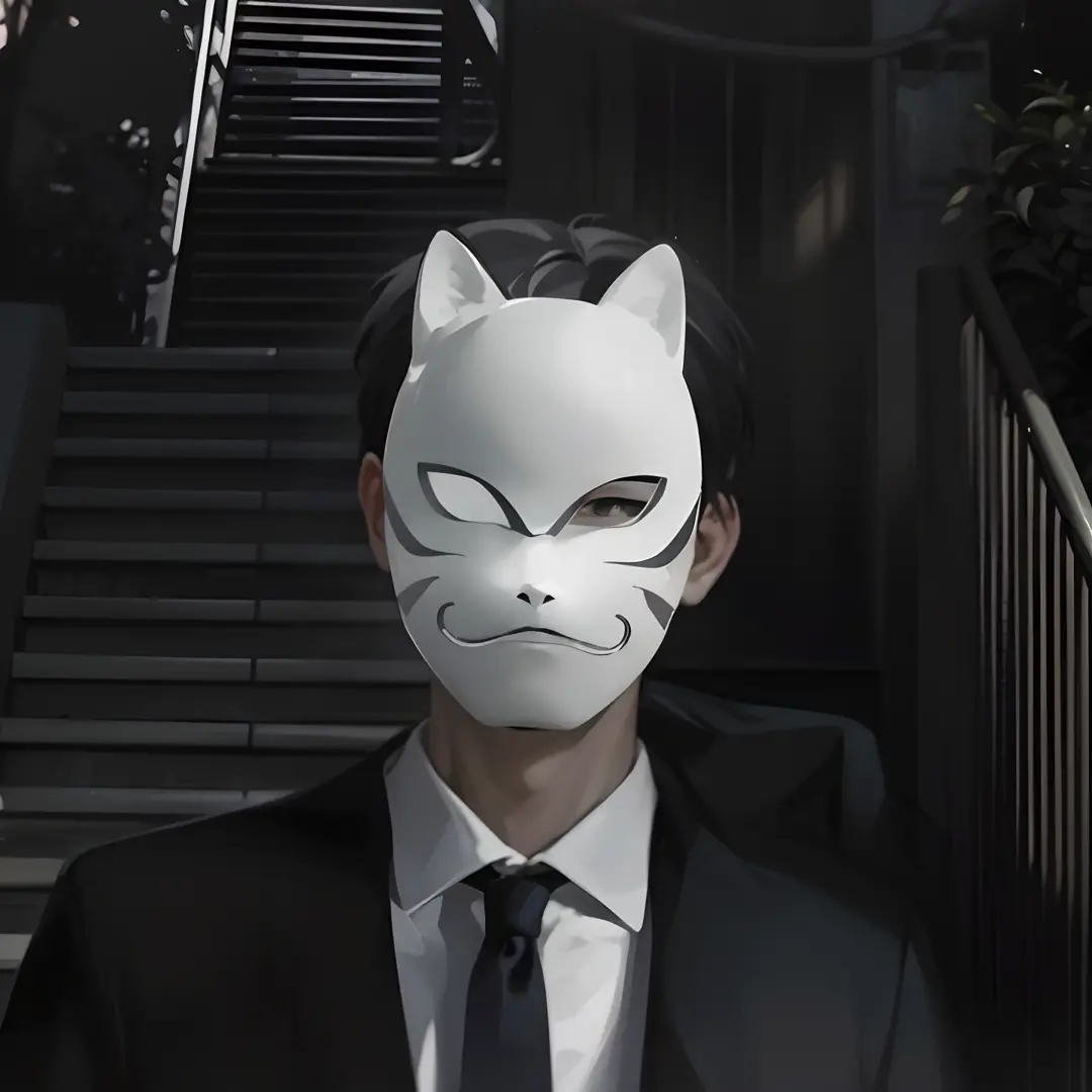 arafed man in a suit and tie wearing a white cat mask, with kitsune mask, wearing a kitsune mask, kitsune mask, kitsune mask on ...