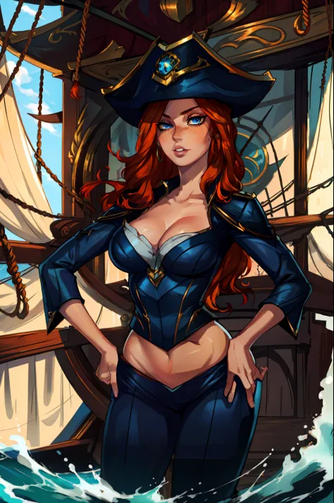 (masterpiece, best quality)1.5, 1girl, solo, (sexy, beautiful woman, perfect face, perfect eyes)1.5, (sarah fortune, miss fortune), (standing inside the captain's room of a pirate ship)1.5, (orange hair, blue eyes), face portrait, clothed