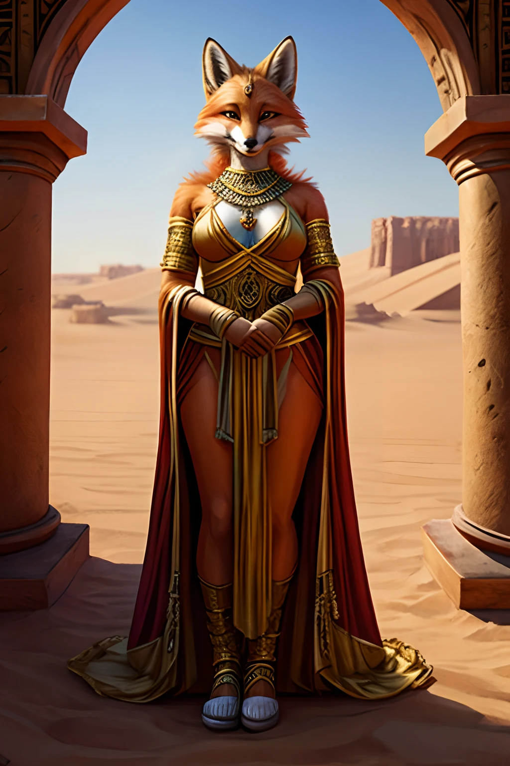 ملكة ثعلب رزينة ذات عقل منحرف ترتدي ملابس ملكية كاشفة تناسب مملكة في الصحراء