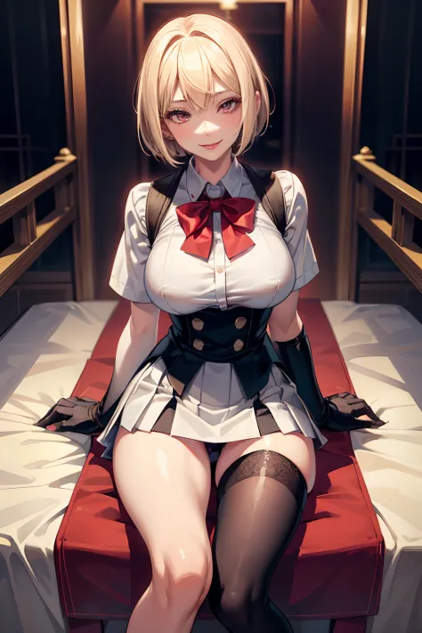 1girl, blonde hair, bob haircut, red eyes, almond-shaped eyes, volume red lips, smiling, above average breast, little over average hips, asian high school girl in school uniform, wearing over knees stocking, wearing short skirt, below skirt point of view, ...