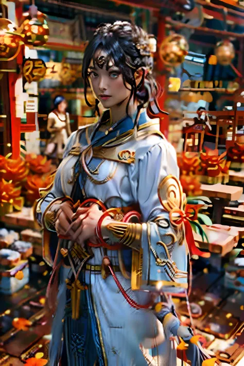 (best quality),  detailed background, oriental nobility,warriorgirl,martial art,holding halberd,sila, monster army