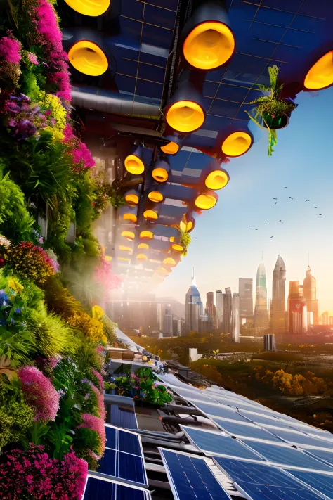 Solar-punk, cityscape, realistic,  vegetatio,n hanging gardens, futuristic, clean energy