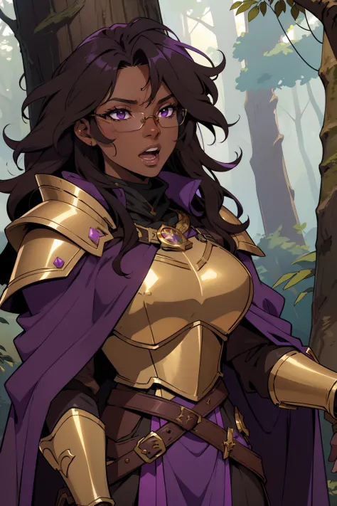 Solo, female, dark skin, very dark brown hair, ((messy hair)), purple eyes, open mouth, glasses, purple tunic, black cloak, gold accents, gold armor, gold chestpiece, forest