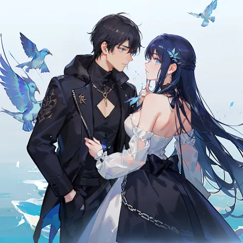 a girl and a boy are facing each other, both with dark hair and some blue mixed in. there is a bird on their shoulders.