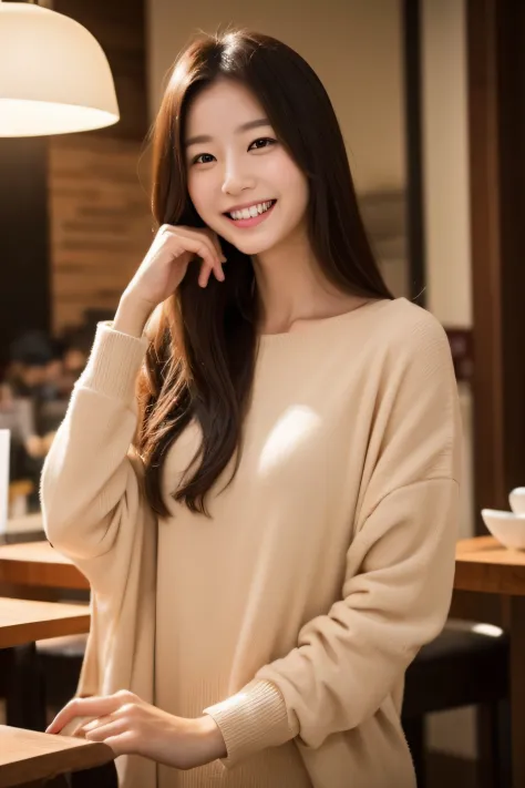 Asian woman looking at camera in coffee shop and smiling　bustup