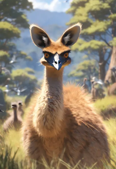 (((Animals))) best quality, very high resolution, 4K detailed CG, master piece,Kangaroo,Emus,Birds, Mountains, Forest,aesthetics, ((Kangaroo,Emus,Birds)), Beautiful image, centered on the screen