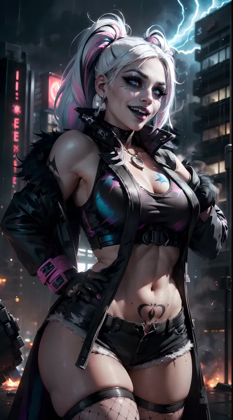 (8k,1080p,realistic skin texture,realistic,masterpiece, best quality,high-res,HDR:1.5), Harley Quinn,((crazy)),ear pendants,neck...