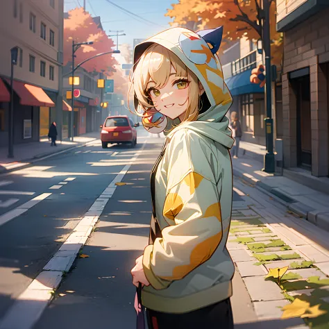 autumn hooded sweatshirt，again on the streets full of ginkgo biloba，random actions，random expressions，ssmile，cheerfulness，rays o...