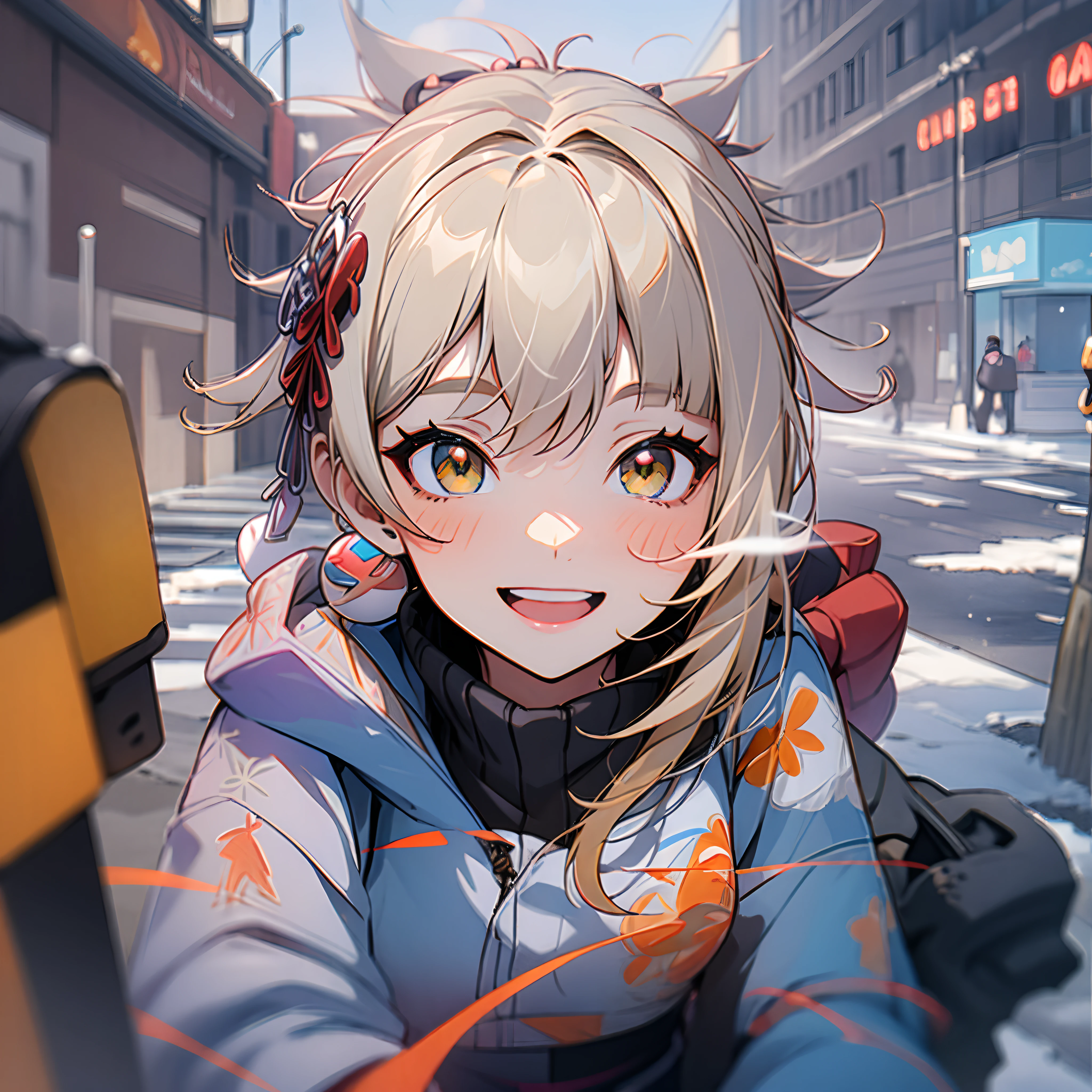 down jacket，On the streets where it snows in winter，Random actions，Random expressions，ssmile，cheerfulness，Sunny and cheerful，the original god