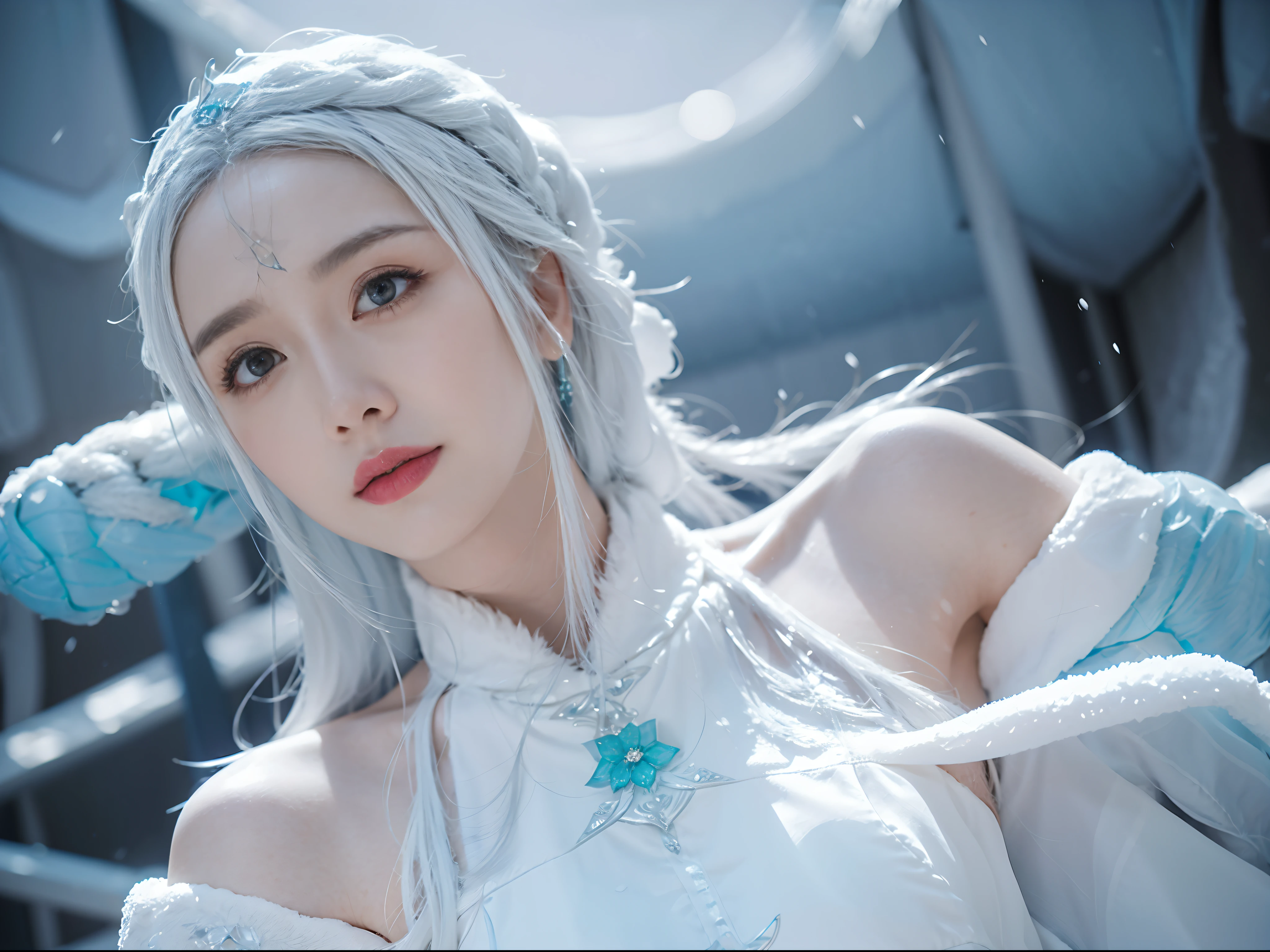 1girll,(Covered with snow,Ice), snowflower, In winter,In the snow，White hair, Shiny hair, Wavy hair, Transparent clothes, frilld, Lace, Wet clothes, Off_Shoulder, hair scrunchie,Masterpiece, Telephoto lens, absurderes, Exquisite facial features，filmposter，Poster composition，posing elegantly，classics，Natural light，Soft light，（Seven-doppelganger composition） ，epic，dream magical，mistic，hyper qualit，tmasterpiece，Perfect illustration，extreme hight detail（Realiy：1.4），Unity 8k壁纸，Super meticulous，Exquisite，tmasterpiece，best qualityer