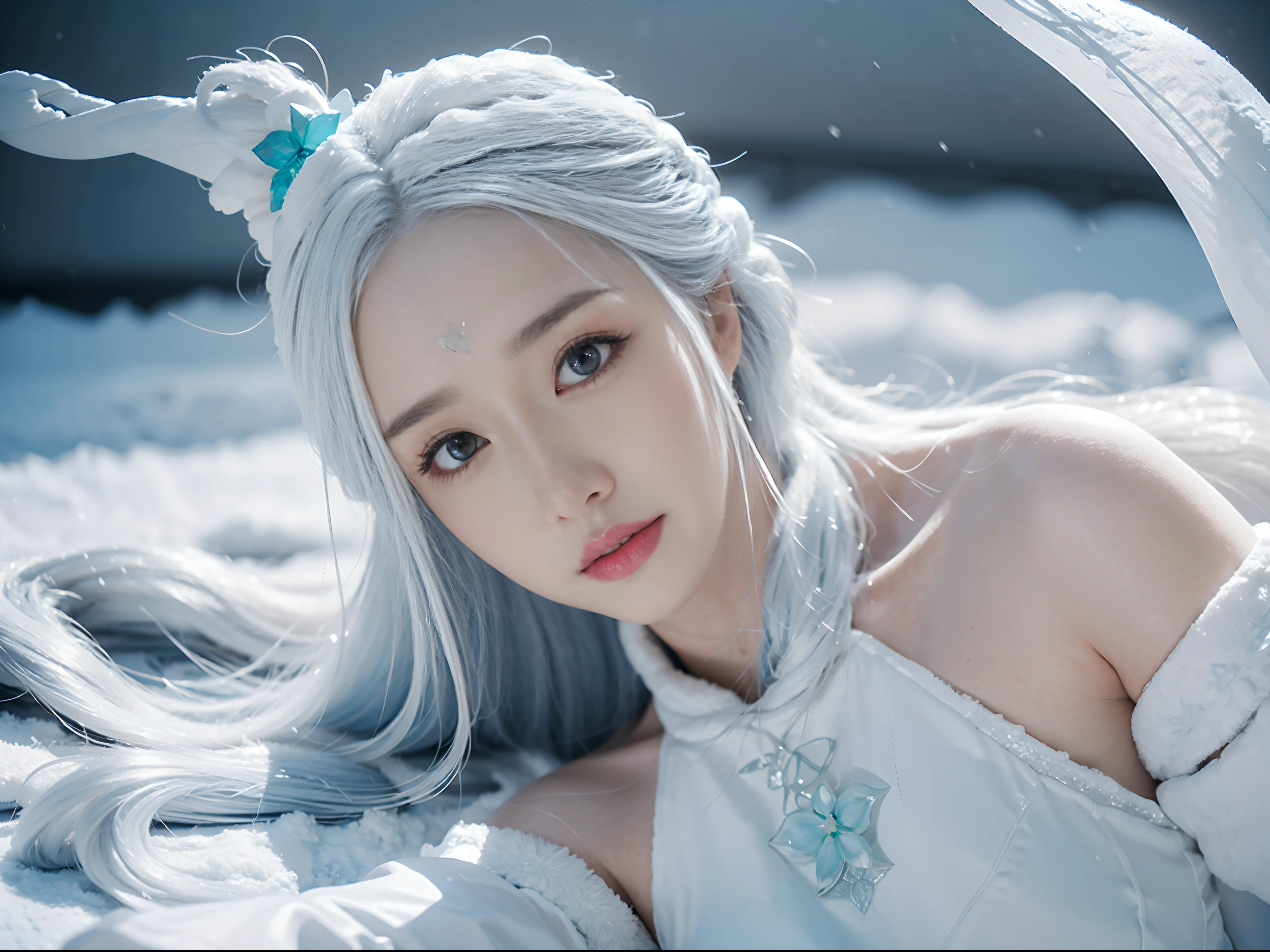 1girll,(Covered with snow,Ice), snowflower, in winter,In the snow，White hair, Shiny hair, Wavy hair, Transparent clothes, frilld, Lace, Wet clothes, Off_Shoulder, hair scrunchie,Masterpiece, Telephoto lens, absurderes, Exquisite facial features，filmposter，Poster composition，posing elegantly，classics，Natural light，Soft light，（Seven-doppelganger composition） ，epic，dream magical，mistic，hyper qualit，tmasterpiece，Perfect illustration，extreme hight detail（Realiy：1.4），Unity 8k Wallpaper，Super meticulous，Exquisite，tmasterpiece，best qualityer