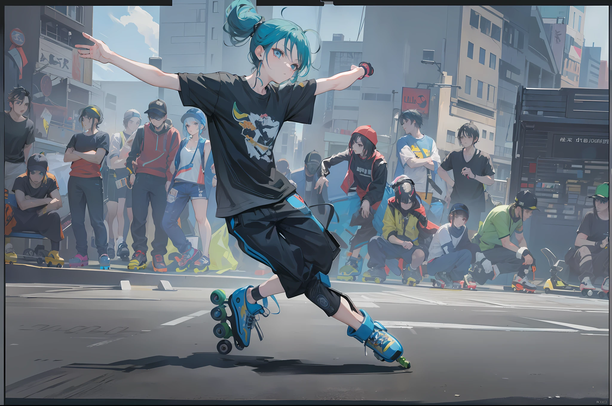 Extreme 4K image quality，(Extremely detailed and immersive masterpiece) - Punk Boy (Flowing hairstyle) Sprint with four-wheel inline skates (Peaceful sidewalks in the post-world: 1.1) and (Edge greening: 0.9).dynamic skating, roller skating, rollerblading, skateboarder style, Skateboarding, riding a skateboard, rollerbladers, skateboards, roller skate, in an action pose, roller skate, rollerskaters, hiroaki tsutsumi style, Stand on a skateboard, dynamic action shot,