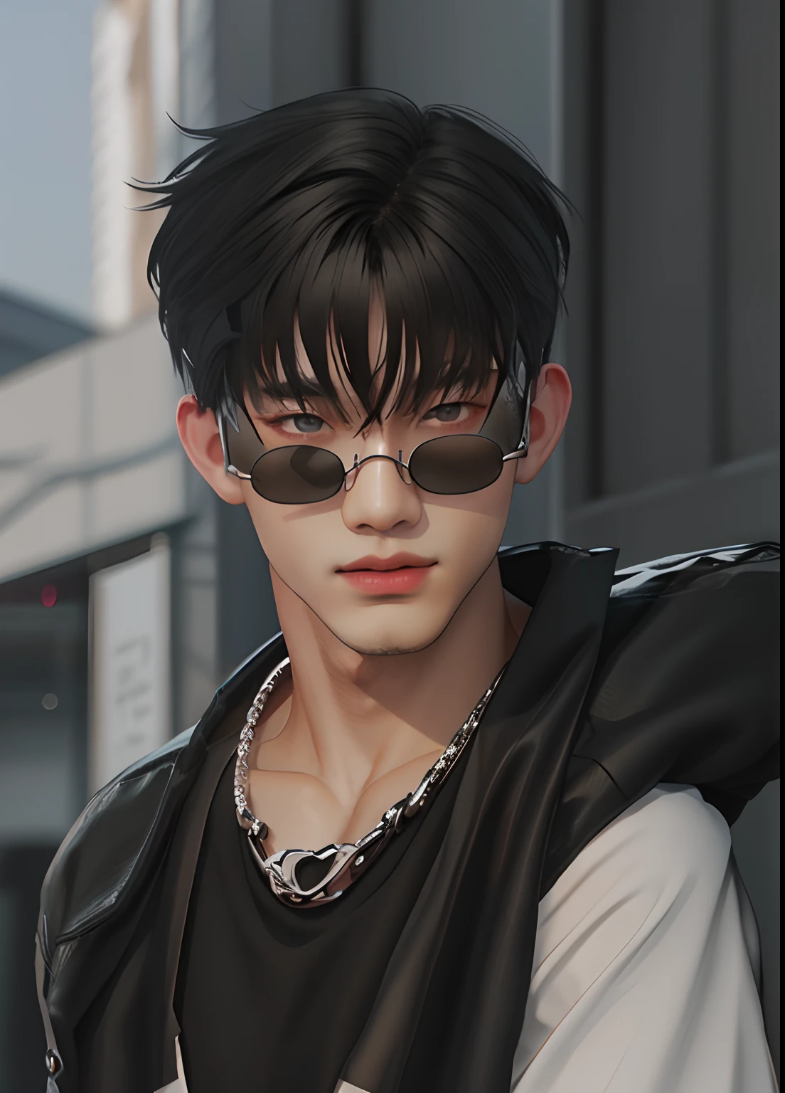 a close up of a male wearing a black and white outfit, inspired by Gang Se-hwang, inspired by Kim Deuk-sin, inspired by Sim Sa-jeong, imvu, inspired by jeonseok lee, inspired by Jang Seung-eop, inspired by Kim Myeong-guk, ( ( 3 d render ) ), [ digital art ]!!,ulzzang,juicy lips,handsome,gray pupils