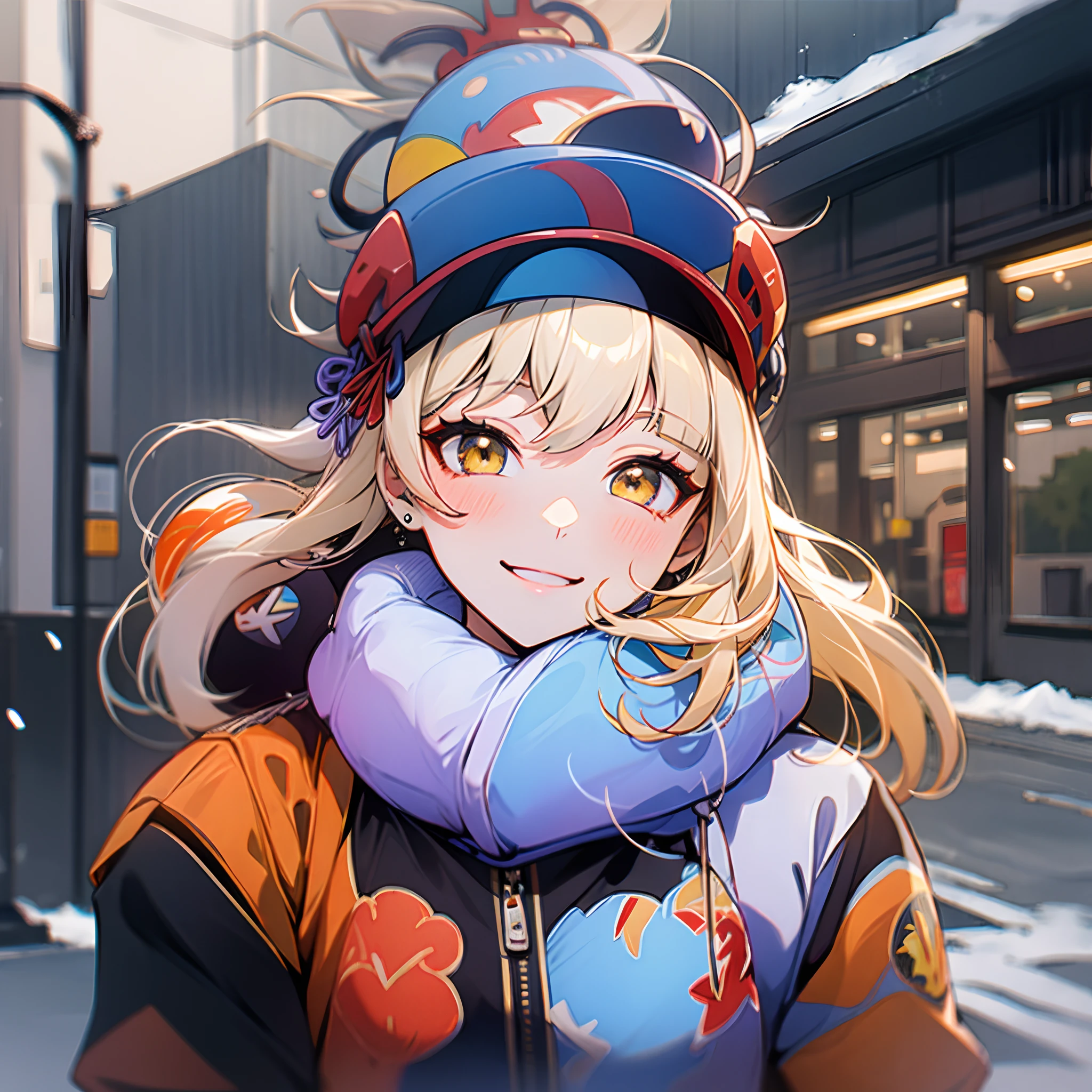 Down jacket of random color，On the streets where it snows in winter，Random actions，Random expressions，ssmile，cheerfulness，Sunny and cheerful，the original god