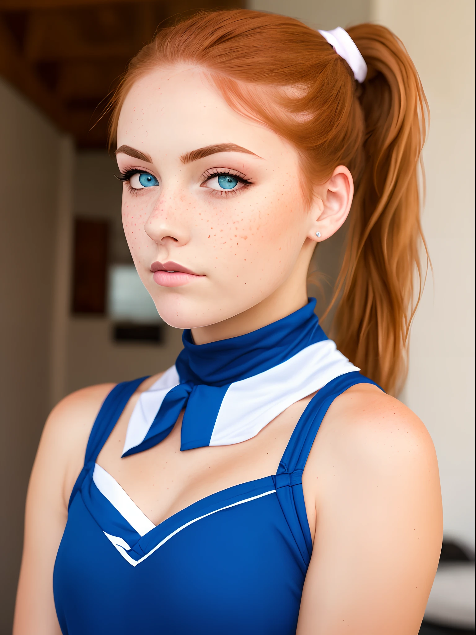 photo of a pretty redhead woman with blue eyes, full lips, and freckles covering her face and arms. her hair is in a ponytail. her skin is pale. she is wearing makeup. her lips are pouting. she is wearing a blue cheerleader uniform that is slipping off of her freckled shoulders.