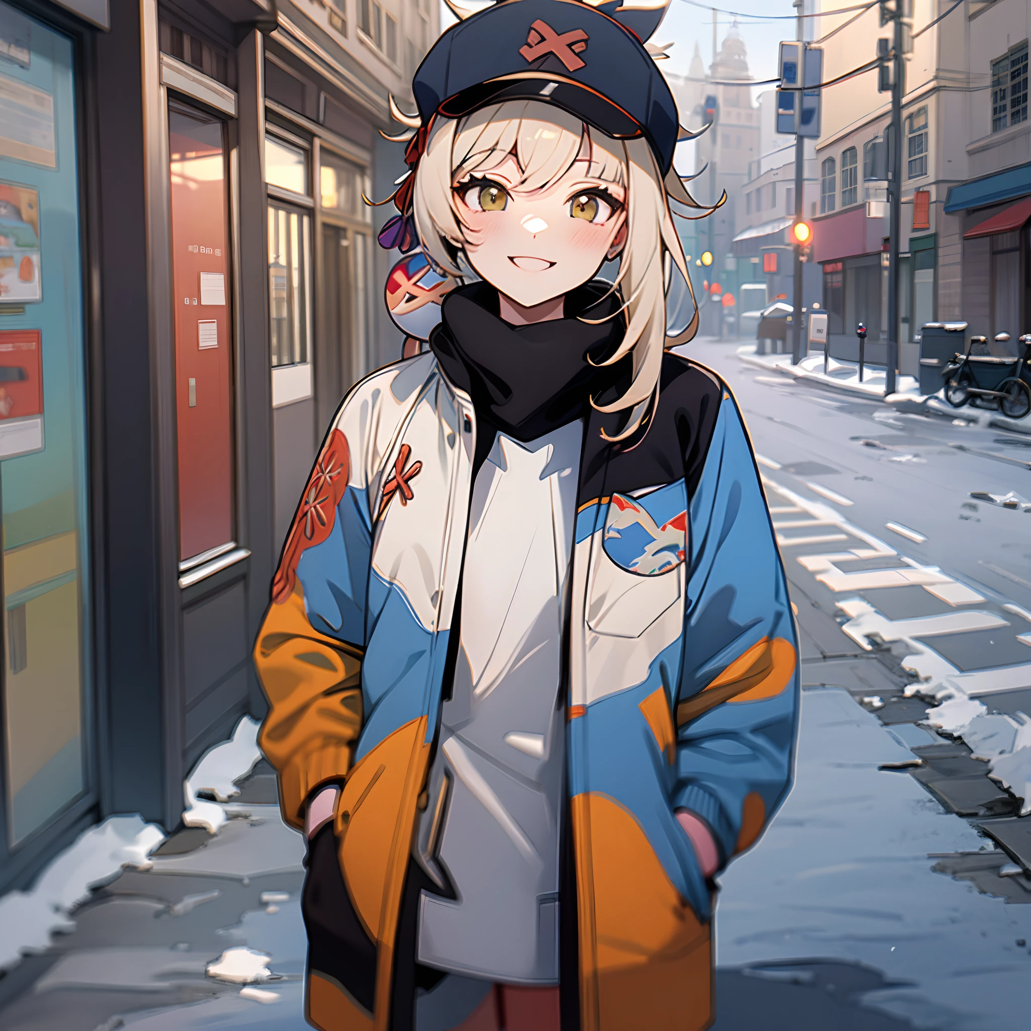 Down jacket of random color，On the streets where it snows in winter，Random actions，Random expressions，ssmile，cheerfulness，Sunny and cheerful，the original god