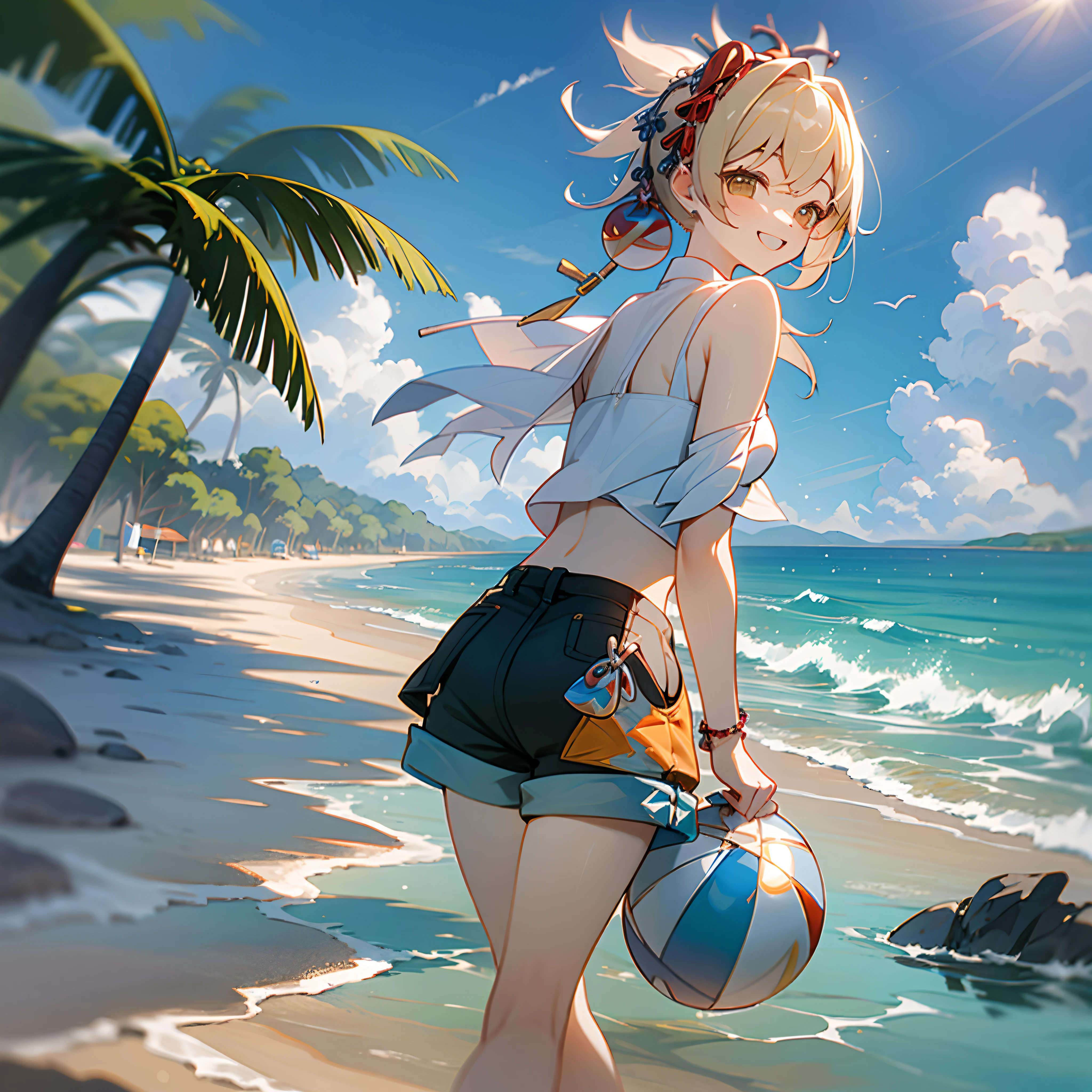 Chica anime con una pelota de playa en una playa cerca del océano. - SeaArt  AI