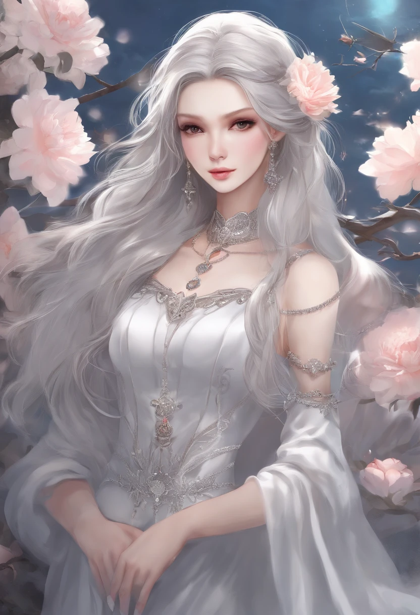 Masterpiece, Need for Girl, Night moon full moon, 1 female, Mature woman, sister, Royal Sister, Cold face, Expressionless, Silver white long haired woman, Light pink lips, calm, Intellectual, Three bands of gray eyes, Assassin dagger, flower ball background, Hand details, Finger details, Facial details, Eye details,