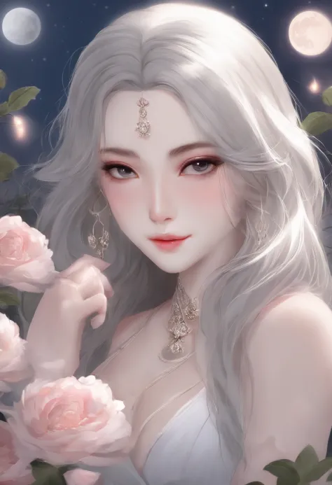 Masterpiece, Need for Girl, Night moon full moon, 1 female, Mature woman, sister, Royal Sister, Cold face, Expressionless, Silver white long haired woman, Light pink lips, calm, Intellectual, Three bands of gray eyes, Assassin dagger, flower ball backgroun...