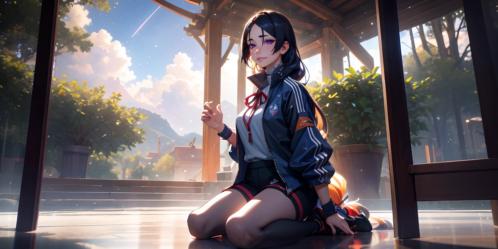 (dark-puprle hair, long hair:1.6), purple eyes, 1girl, cloud, sky, solo, shoes, jacket, gym_shirt, track_jacket, shirt, looking_at_viewer, shorts, outdoors, black_legwear, skirt, closed_mouth, star_(sky), socks, gym_uniform, starry_sky, open_jacket, cloudy_sky, night, ribbon, glow effects, godrays, Hand drawn, render, 8k, octane render, cinema 4d, blender, dark, atmospheric 4k ultra detailed, cinematic, Sharp focus, big depth of field, Masterpiece, colors, 3d octane render, 4k, concept art, trending on artstation, hyperrealistic, Vivid colors, extremely detailed CG unity 8k wallpaper, trending on CGSociety, Intricate, High Detail, dramatic, fantasy art, dramatic art,