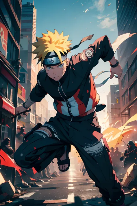 (a)realistic portrait of naruto,swirling bright colors,ultra-detailed eyes and face,wind-blown hair,expressive face,heroic figur...