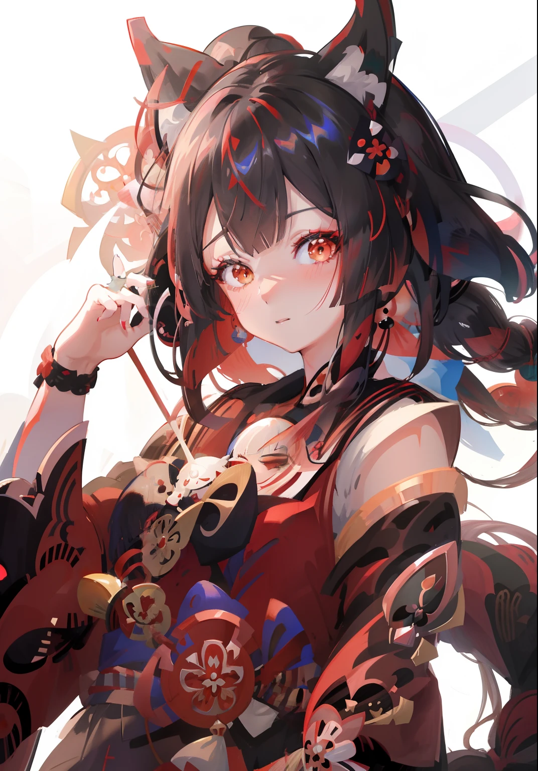 Anime girl in red kimono，Black ears, onmyoji portrait, Onmyoji detailed art, Ayaka Genshin impact, Beautiful anime girl, Keqing from Genshin Impact, attractive anime girls, style of anime4 K, onmyoji, a beautiful anime portrait, anime visual of a cute girl, detailed anime character art, (Anime girl)