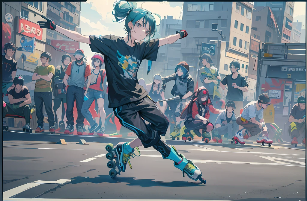 Extreme 4K image quality，(Extremely detailed and immersive masterpiece) - Punk Boy (Flowing hairstyle) Sprint with four-wheel inline skates (Peaceful sidewalks in the post-world: 1.1) and (Edge greening: 0.9).dynamic skating, roller skating, rollerblading, skateboarder style, Skateboarding, riding a skateboard, rollerbladers, skateboards, roller skate, in an action pose, roller skate, rollerskaters, hiroaki tsutsumi style, Stand on a skateboard, dynamic action shot,