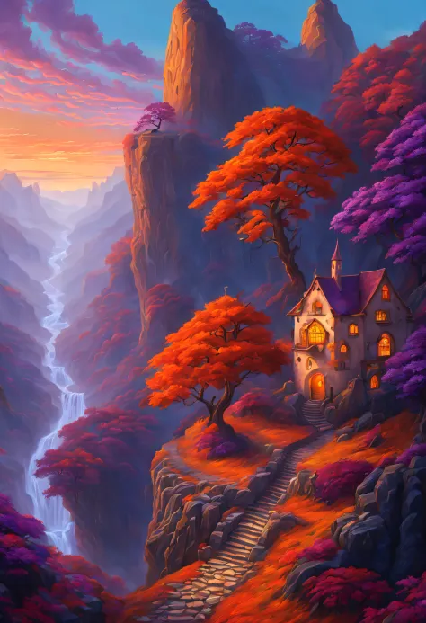 A fantasy autumn land with a deep canyon in the middle, where the sun sets in a blaze of orange and purple, fairy tale, magical,...