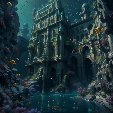 (。.3D:0.5,Realistic:0.5,Photorealistic:0.5),(absurderes,Hyper-Resolution,Masterpiece,Best quality,finely detailed,absurderes:1.2), abyssal，Undersea castle，Epic reality，