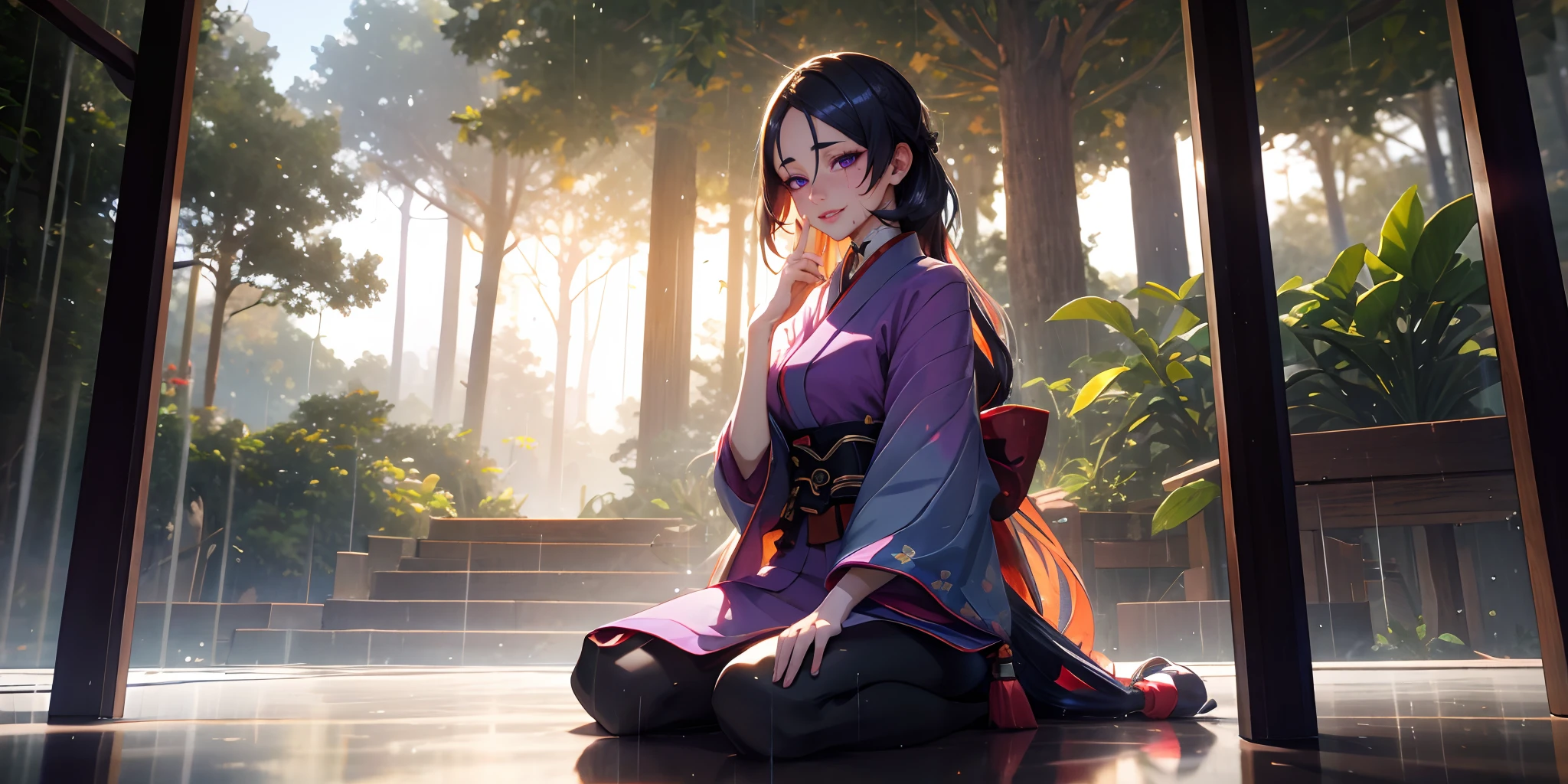 (dark-puprle hair, long hair:1.6), purple eyes, 1girl, rain, japanese_clothes, sitting, solo, kimono, looking_at_viewer, forest, nature,  indoors, long_sleeves, hair_between_eyes, wide_sleeves, outdoors, tree, epic art, dramatic art, glow effects, godrays, Hand drawn, render, 8k, octane render, cinema 4d, blender, dark, atmospheric 4k ultra detailed, cinematic, Sharp focus, big depth of field, Masterpiece, colors, 3d octane render, 4k, concept art, trending on artstation, hyperrealistic, Vivid colors, extremely detailed CG unity 8k wallpaper, trending on CGSociety, Intricate, High Detail, dramatic,