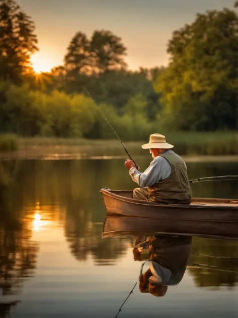Two men experience tranquility while fishing on a calm lake. from