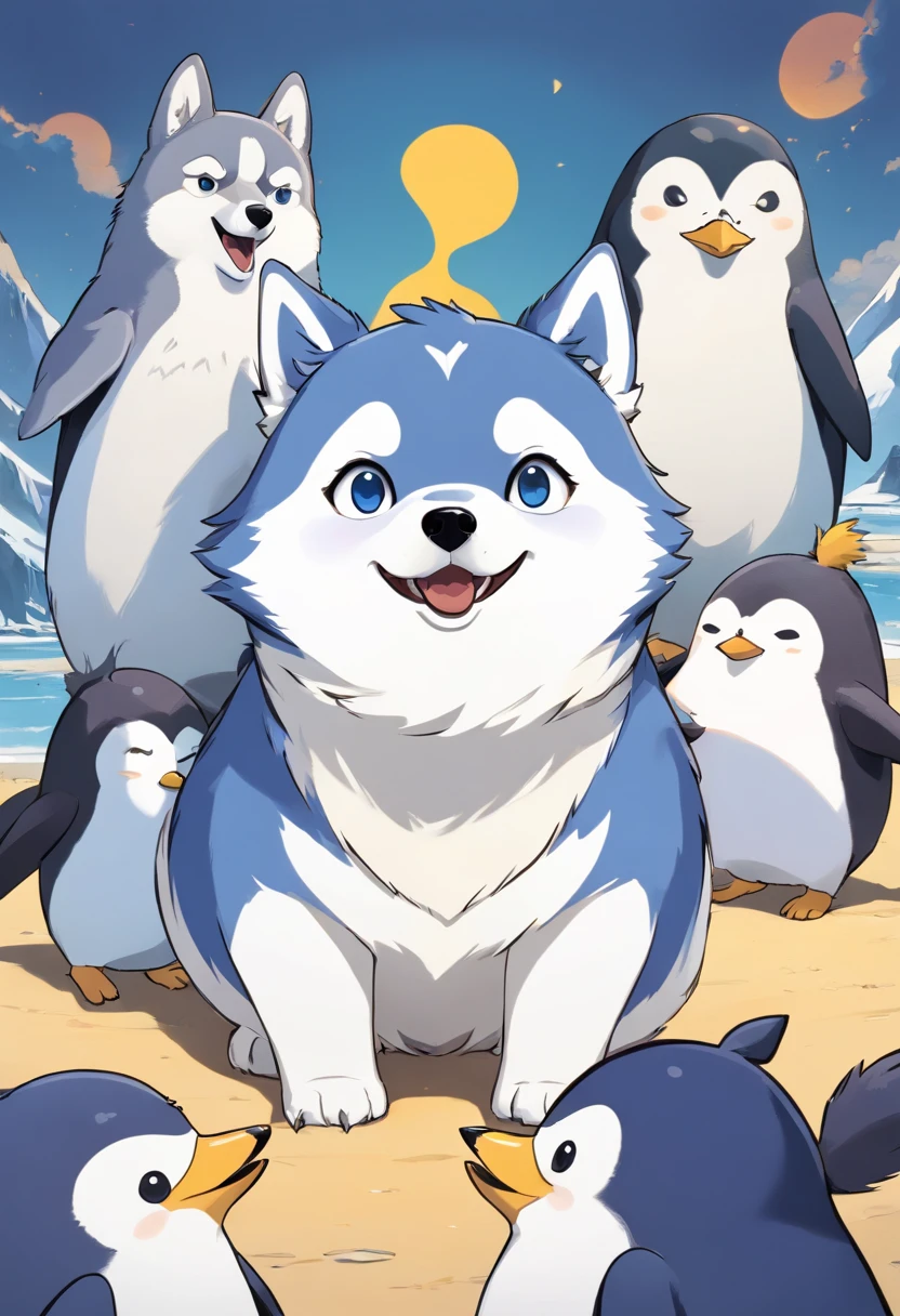 A group of penguins and a husky dog on a beach - SeaArt AI