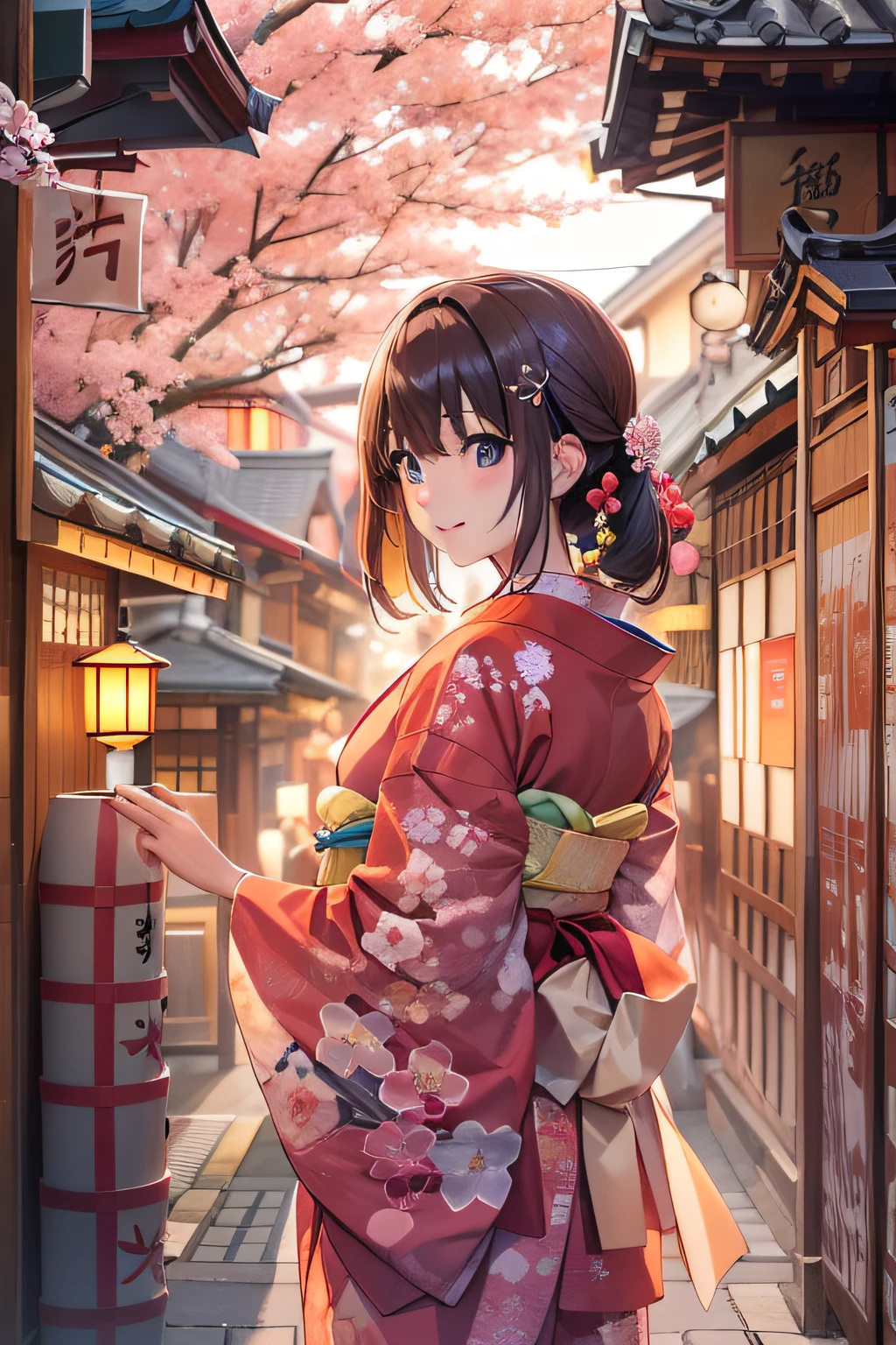 hightquality、japanese beautiful woman、Wearing a cherry blossom kimono、early evening、Japan houses、Getting out the window、Watching fireworks、Streets of Kyoto、Side drinks