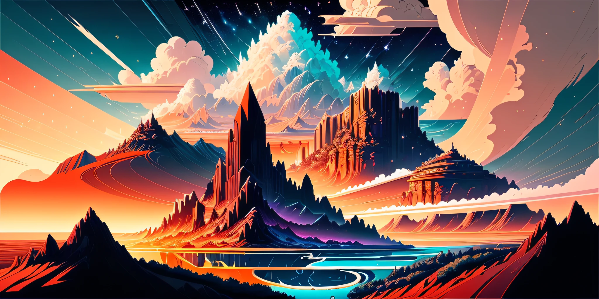 A beautiful land full of water and and clouds, astrophotogr,masterpiece, expert, insanely detailed, 4k, composition, centered, painted, intricate, volumetric lighting, beautiful, rich deep color masterpiece, sharp focus, ultra detailed, no dan mumford and marc simonetti style, vector, print