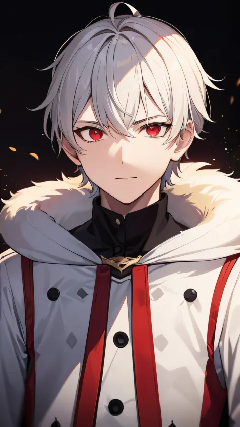 a adult boy with white hair and red eyes (facing right)