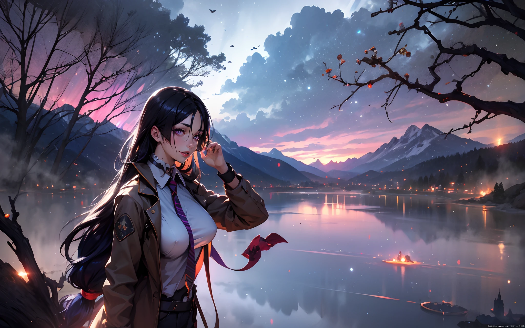 (dark-puprle hair, long hair:1.6), purple eyes, sky, solo, night, night_sky, star_(sky), starry_sky, 1girl, outdoors, coat, fog, steaming body, cloud, tree, jacket, mountain, winter, bare_tree, necktie, standing, shirt, long_sleeves, brown_coat, brown_jacket, breath, scenery, mountainous_horizon, cloudy_sky, open_clothes, open_coat, glow effects, godrays, Hand drawn, render, 8k, octane render, cinema 4d, blender, dark, atmospheric 4k ultra detailed, cinematic, Sharp focus, big depth of field, Masterpiece, colors, 3d octane render, 4k, concept art, trending on artstation, hyperrealistic, Vivid colors, extremely detailed CG unity 8k wallpaper, trending on CGSociety, Intricate, High Detail, dramatic, glowing eyes, large breasts,