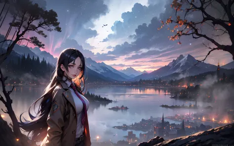 (dark-puprle hair, long hair:1.6), purple eyes, sky, solo, night, night_sky, star_(sky), starry_sky, 1girl, outdoors, coat, fog,...