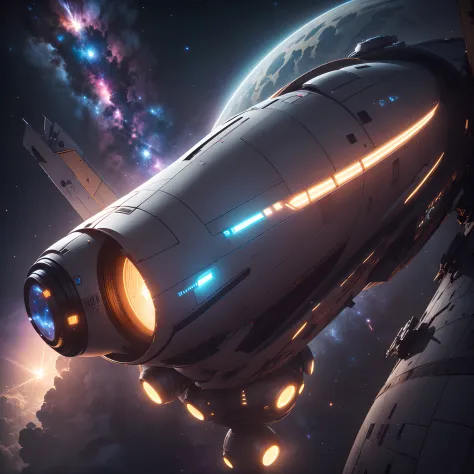 （A huge spaceship：1.3）,（（（full bodyesbian））），(Solo:1.5)，seen from outside，(multiple lighting sources:1.5),Detailed hull details,Cosmic galaxy background,((Best quality)), ((Masterpiece)),(unreal 5 render:1.1)