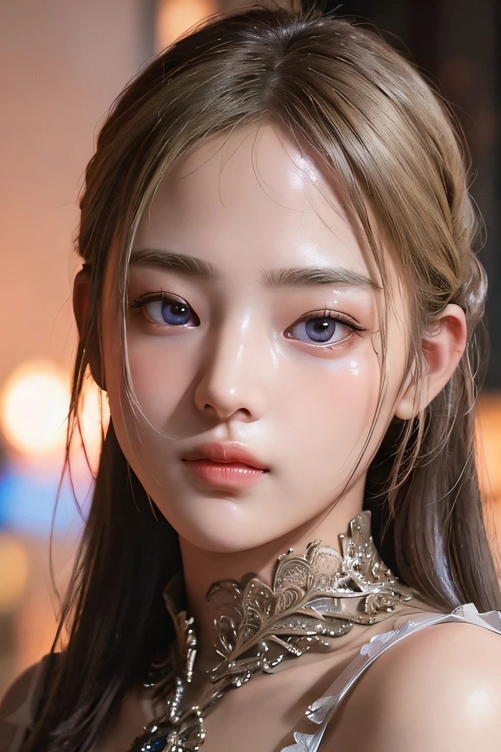Top Quality, Masterpiece, Ultra High Resolution, (Photorealistic: 1.4), Raw Photo, 1 Girl, Blonde Hair, Glossy Skin, (Ultra Realistic Detail)), Portrait, Global Illumination, Shadows, Octane Rendering, 8K, Ultra Sharp, Big, Raw Skin, Metal, Intricate Ornament Details, Korea Details, Very intricate details, realistic light, CGSoation trend, purple eyes, glowing eyes, facing the camera, neon details,