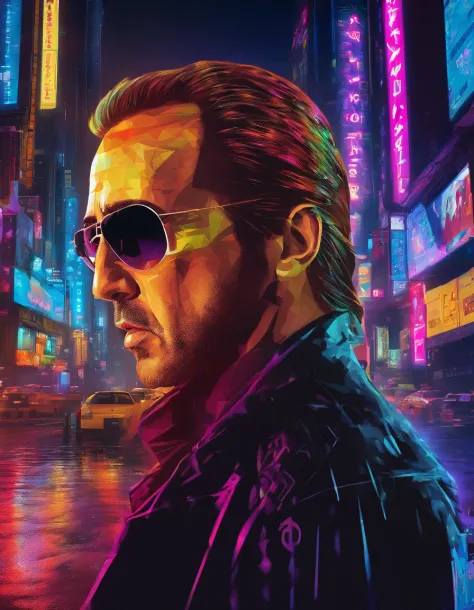 Nicolas Cage，Wearing a translucent holographic helmet，There are projections of text and pictures on it，Close-up of the head，The background is the world of the future，k hd，the detail