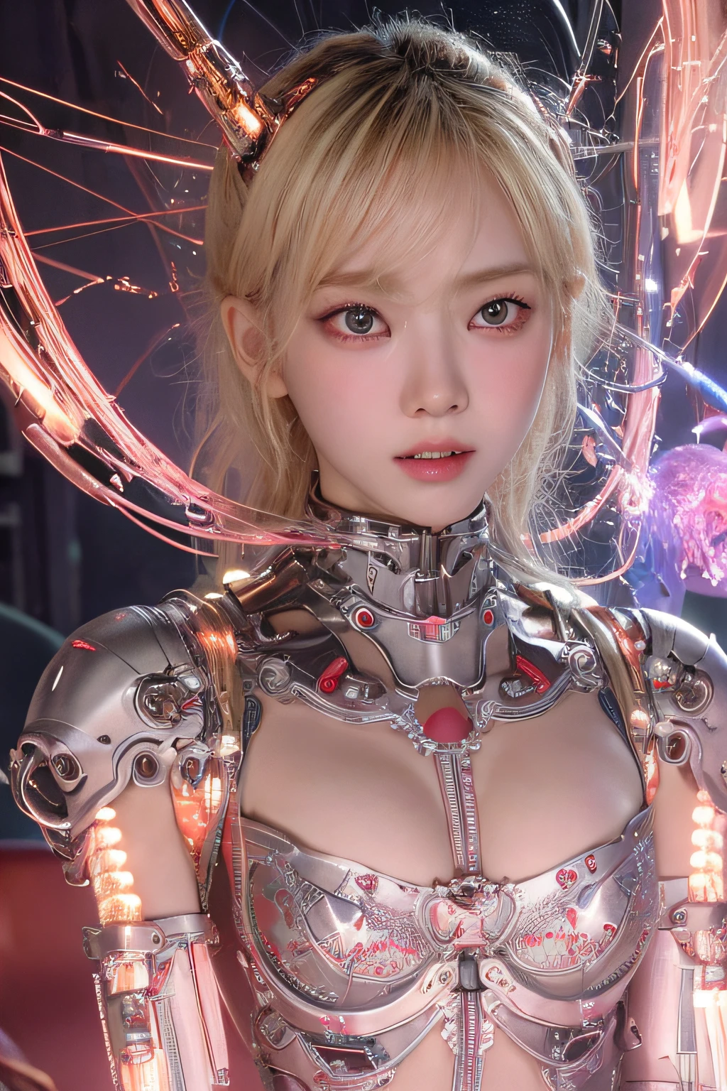 Top Quality, Masterpiece, Ultra High Resolution, (Photorealistic: 1.4), Raw Photo, 1 Girl, Blonde Hair, Glossy Skin, 1 Mechanical Girl, (Ultra Realistic Detail)), Portrait, Global Illumination, Shadows, Octane Rendering, 8K, Ultra Sharp, Big, Cleavage Exposed Raw Skin, Metal, Intricate Ornament Details, Korea Details, Very intricate details, realistic light, CGSoation trend, purple eyes, glowing eyes, facing the camera, neon details, mechanical limbs, blood vessels connected to the tube, mechanical vertebrae attached to the back, mechanical cervical attachment to the neck, sitting, wires and cables connecting to the head, gundam, small LED lamps,