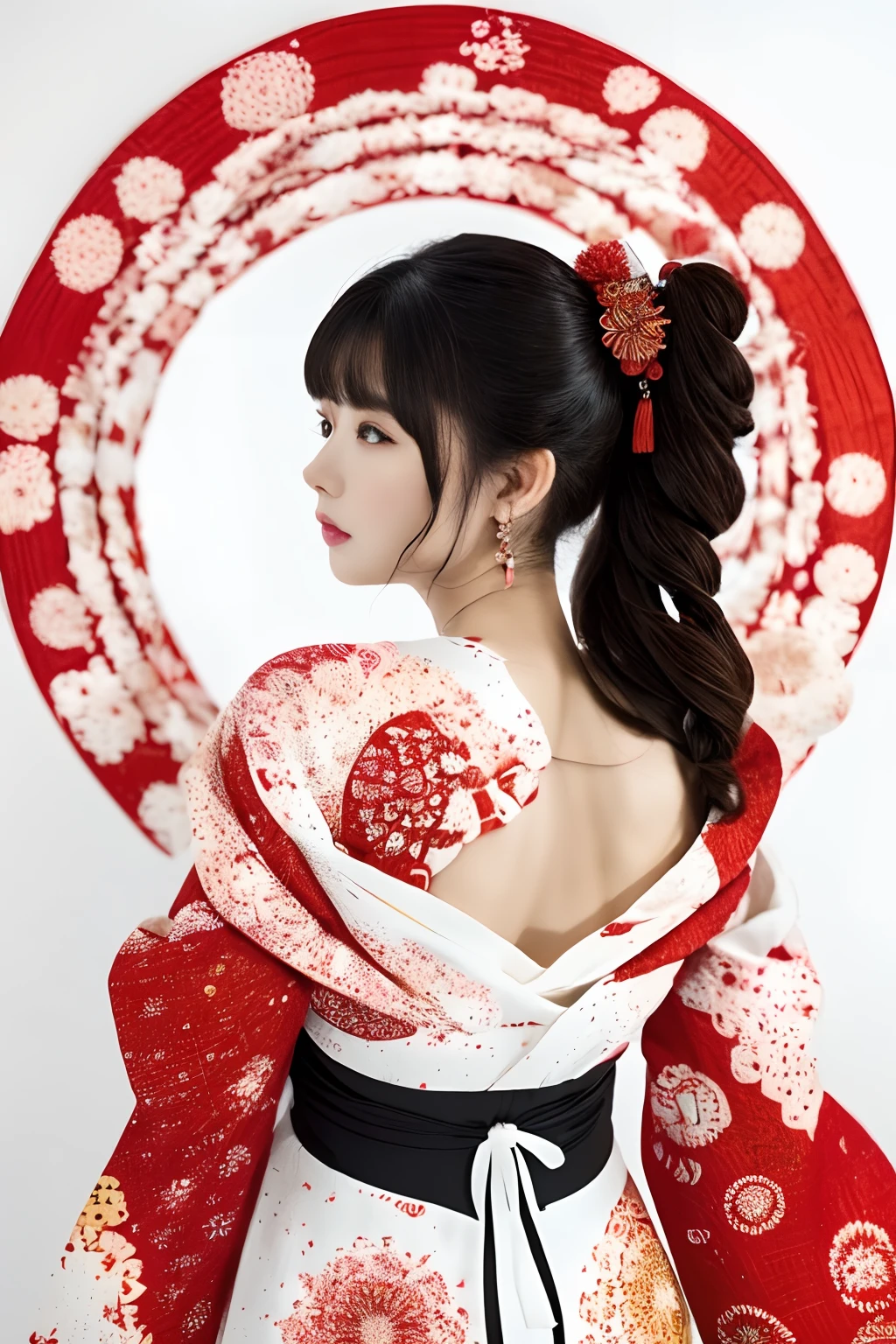 (((fond blanc、un monde blanc)))、Papier peint Unity 8K、ultra-détaillé、Magnifiquement esthétique、chef d&#39;oeuvre、qualité supérieure、(emmêlé、et Mandala、enchevêtrements、enchevêtrements)、(art fractal:1.3)、une fille、beaux cheveux noirs、Japonais、grand rose、Kimono rouge、robe japonaise、très détaillé、angles dynamiques、coups de cow-boy、Les plus belles formes du chaos、élégant、Conception brutaliste、couleurs vives、romance、Atmosphère、notes de musique d&#39;extase、Les notes de musique en streaming sont visibles、(((fond blanc、Fond blanc pur、Cercle rouge)))