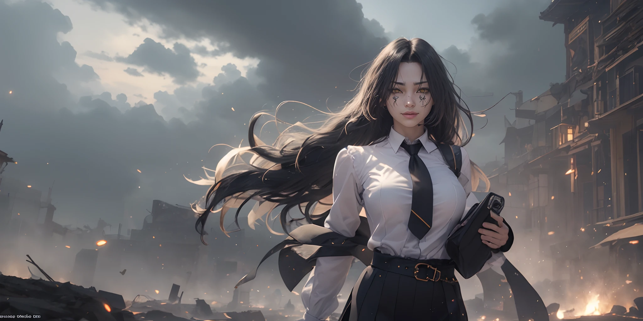 (black hair, long hair:1.6), yellow eyes, 1girl, cloud, necktie, sky, black_neckwear, wind, outdoors, breasts, solo, shirt, floating_hair, skirt, cloudy_sky, pencil_skirt, white_shirt, long_sleeves, collared_shirt, looking_at_viewer, black_belt, black_skirt, large_breasts, parted_lips, glow effects, godrays, Hand drawn, render, 8k, octane render, cinema 4d, blender, dark, atmospheric 4k ultra detailed, cinematic, Sharp focus, big depth of field, Masterpiece, colors, 3d octane render, 4k, concept art, trending on artstation, hyperrealistic, Vivid colors, extremely detailed CG unity 8k wallpaper, trending on CGSociety, Intricate, High Detail, dramatic, glowing eyes, large breasts,