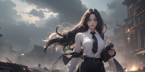 (black hair, long hair:1.6), yellow eyes, 1girl, cloud, necktie, sky, black_neckwear, wind, outdoors, breasts, solo, shirt, floa...