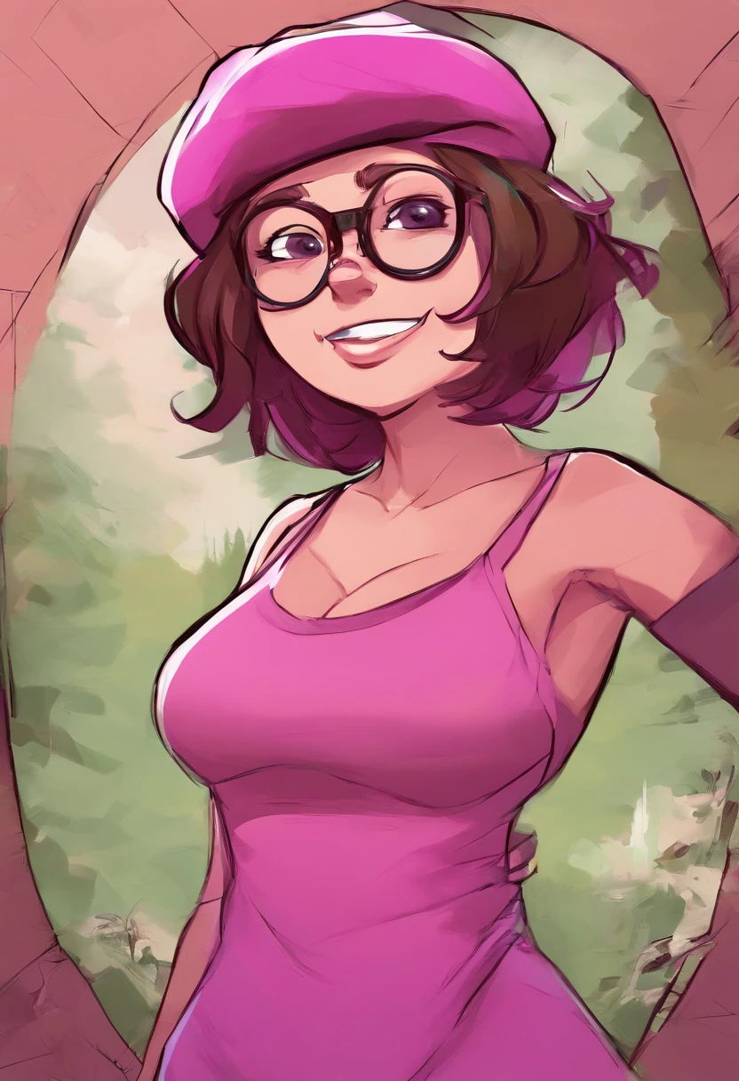 A cartoon girl in a pink dress and glasses posing for a picture - SeaArt AI