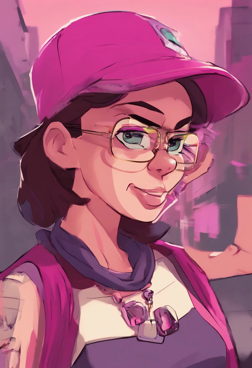 A cartoon girl with glasses and a pink hat is holding a glass - SeaArt AI