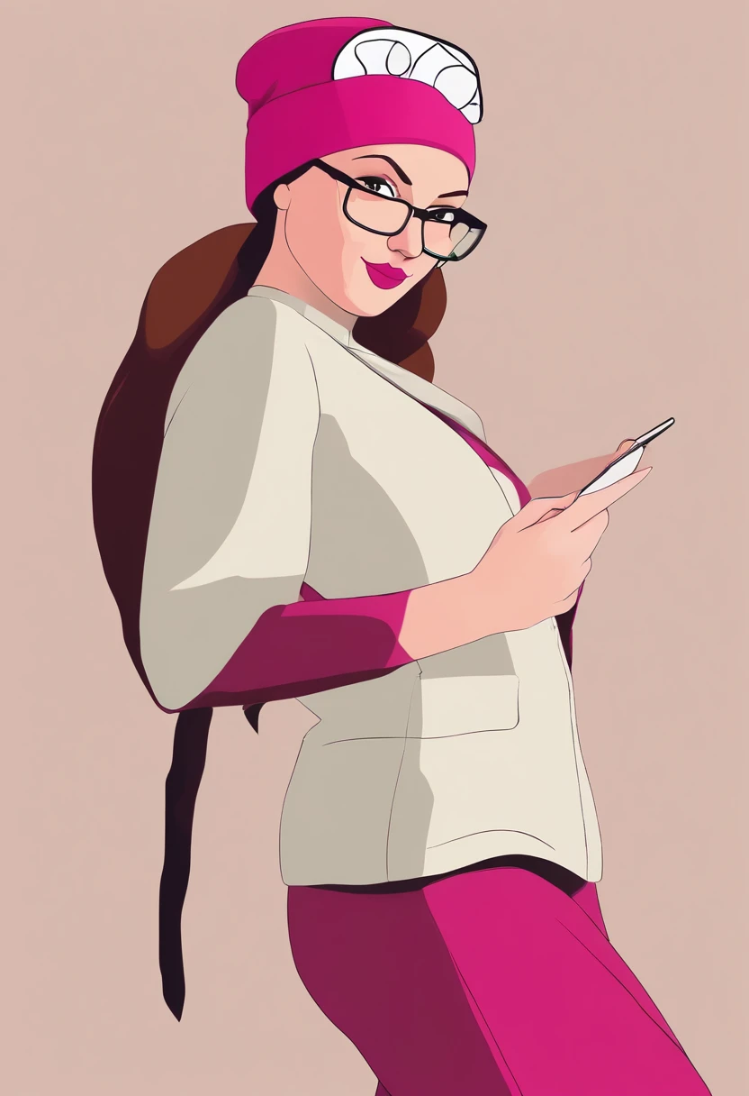 Cartoon of a woman in glasses and a pink headband using a cell phone -  SeaArt AI