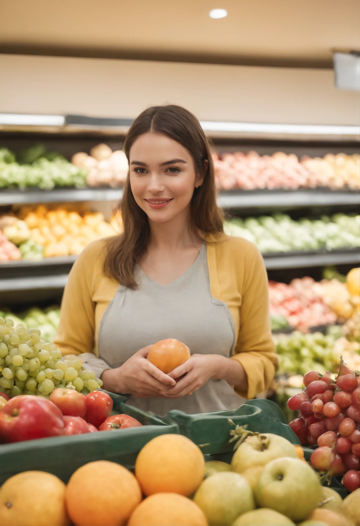 Woman in a grocery store holding an orange in front of a display of fruits  - SeaArt AI