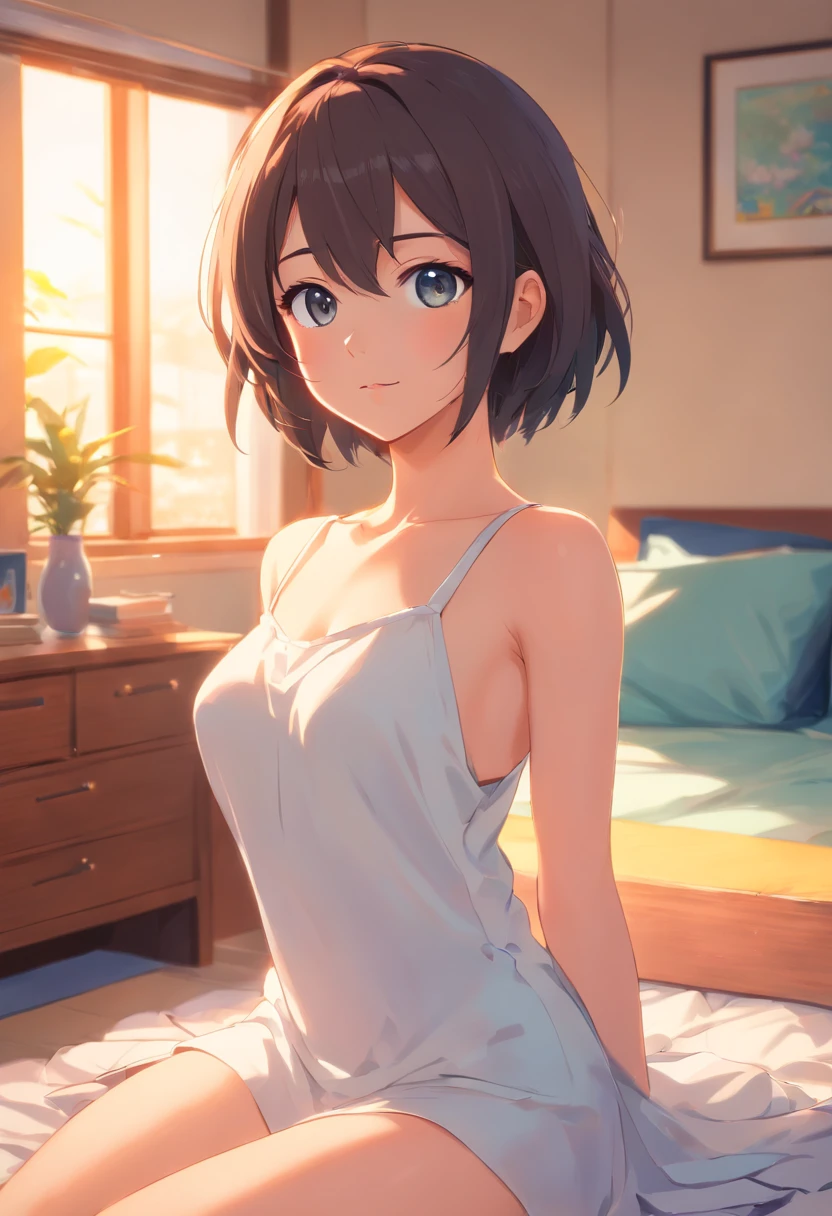 Anime girl sitting on a bed in a room with a window - SeaArt AI