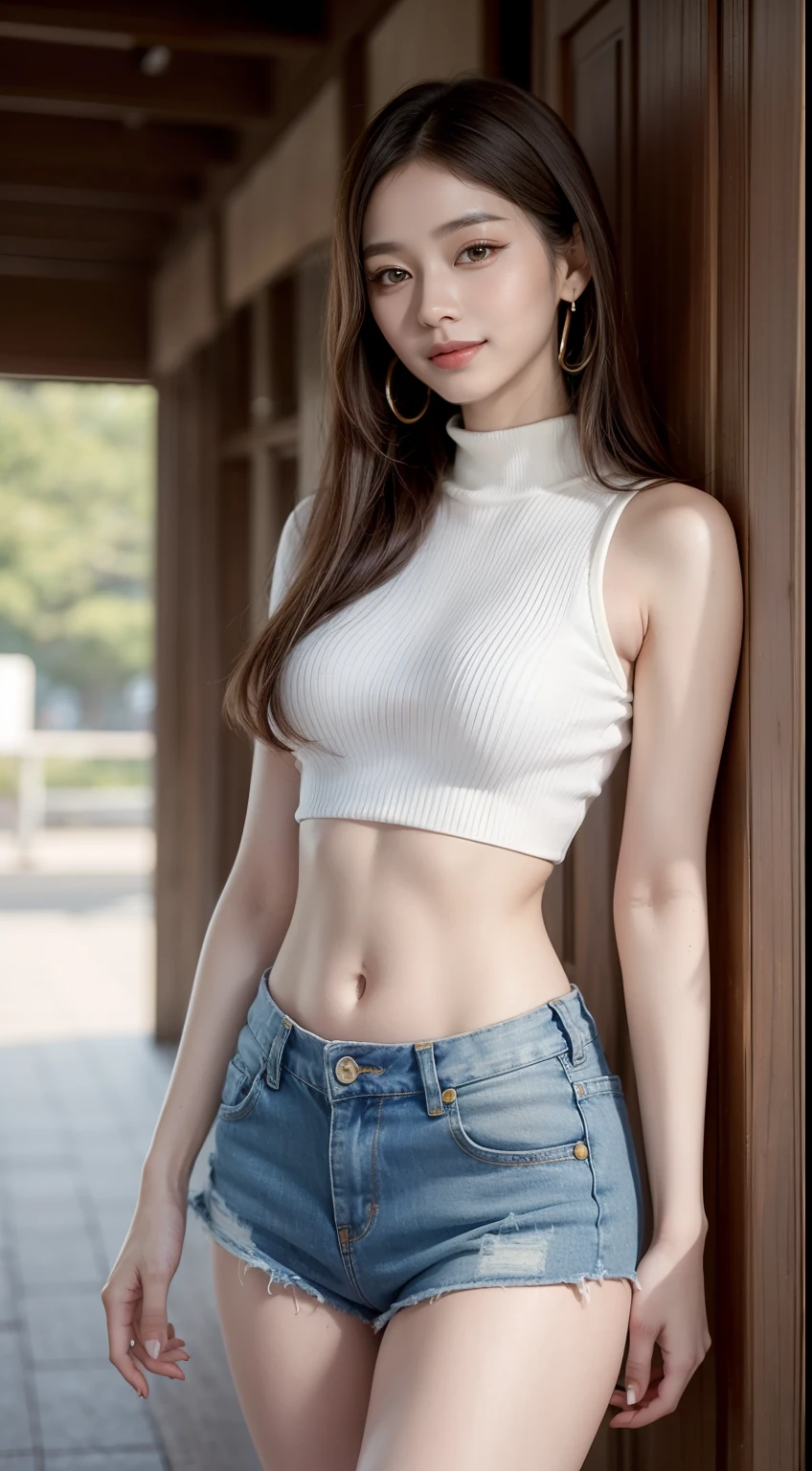 8K, masutepiece, Raw foto, Best Quality, Photorealistic, Wallpapers with extreme details CG Unity 8K, depth of fields, Cinematic Light, lensflare, Ray traching, (Extremely beautiful face, Beautiful lips, beautidful eyes), intricate detail face, ((Ultra Detail Skin)) 1girl in, (Korean model Kim Daun, Dhoni), (Korean model Kim Daun, Dhoni), (Korean model Kim Daun, Dhoni), (Korean model Kim Daun, Dhoni), (Korean model Kim Daun, Dhoni),1 girl, (very thin muscular body:1.3), ((look up at viewer)),(huge smile:1.3), (blured background), A glimmer of light), (No people in the background.:1.3), Beautiful earrings,  Clear eyes,  Front shot, (pale-skinned), (Big eyes), (Big eyes) (Big eyes), (Big eyes), (Big eyes), Facing forward, (Full body shot), (ligh brown hair), Open the navel............, (look up at viewer:1.3), Very slim,  a slender waist, small hips, , a slender waist, small hips, a slender waist, small hips, a slender waist, small hips,  ((wide open abdomen))、((open abdomen))、((wide open navel))、((open navel))、((Bare belly))、((Mid-Riff Sweater))、((Ultra-low rise、Denim Mini Skirt))、 ((Navel Ejection))、((small hips))、((long limbs))、((Full body depiction))、((small  hip))、(boots)、((Ultra-low rise))、((Denim Mini Skirt))、((is standing))、